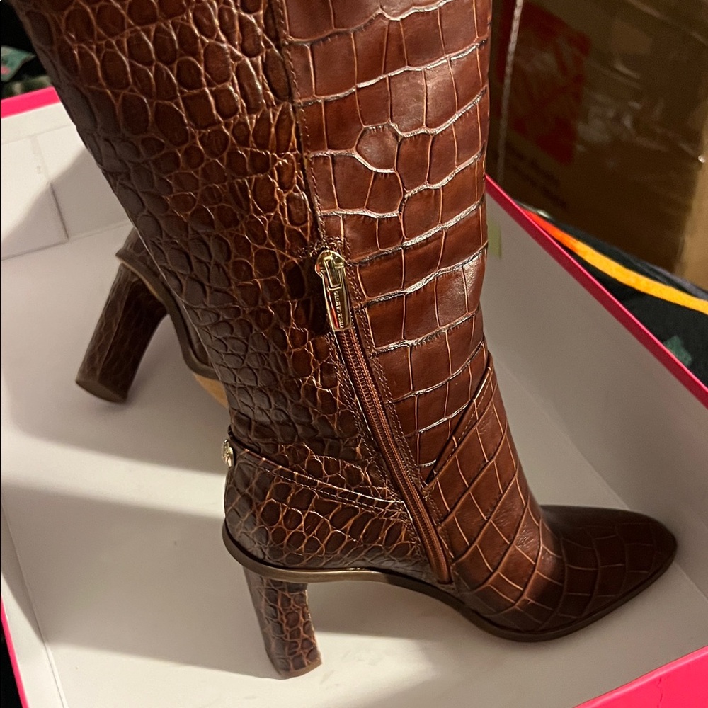 Vince Camuto Dark Brown Croc-Patterned Heeled Boots - Picture 9 of 11